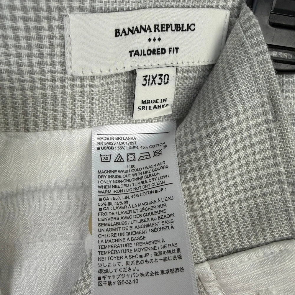 Banana Republic LINEN Blend Tailored Fit Pants Mens 31x28 Grey Glen Plaid Flat